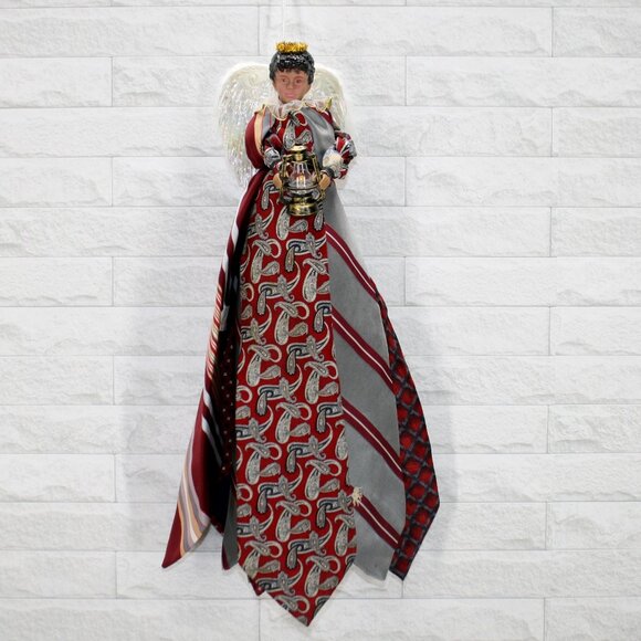 UPCYCLED Angel African American Necktie Tree Topper Table Centerpiece X-mas Red - Picture 1 of 11